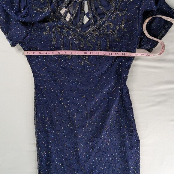 VTG Blue Silver Silk Beaded Short Sleeve Detailed Neckline Formal Evening Dress - Picture 4 of 7